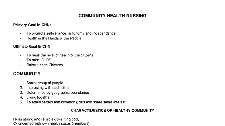 COMMUNITY HEALTH NURSING (CHN) Overview and Key Concepts - Studocu