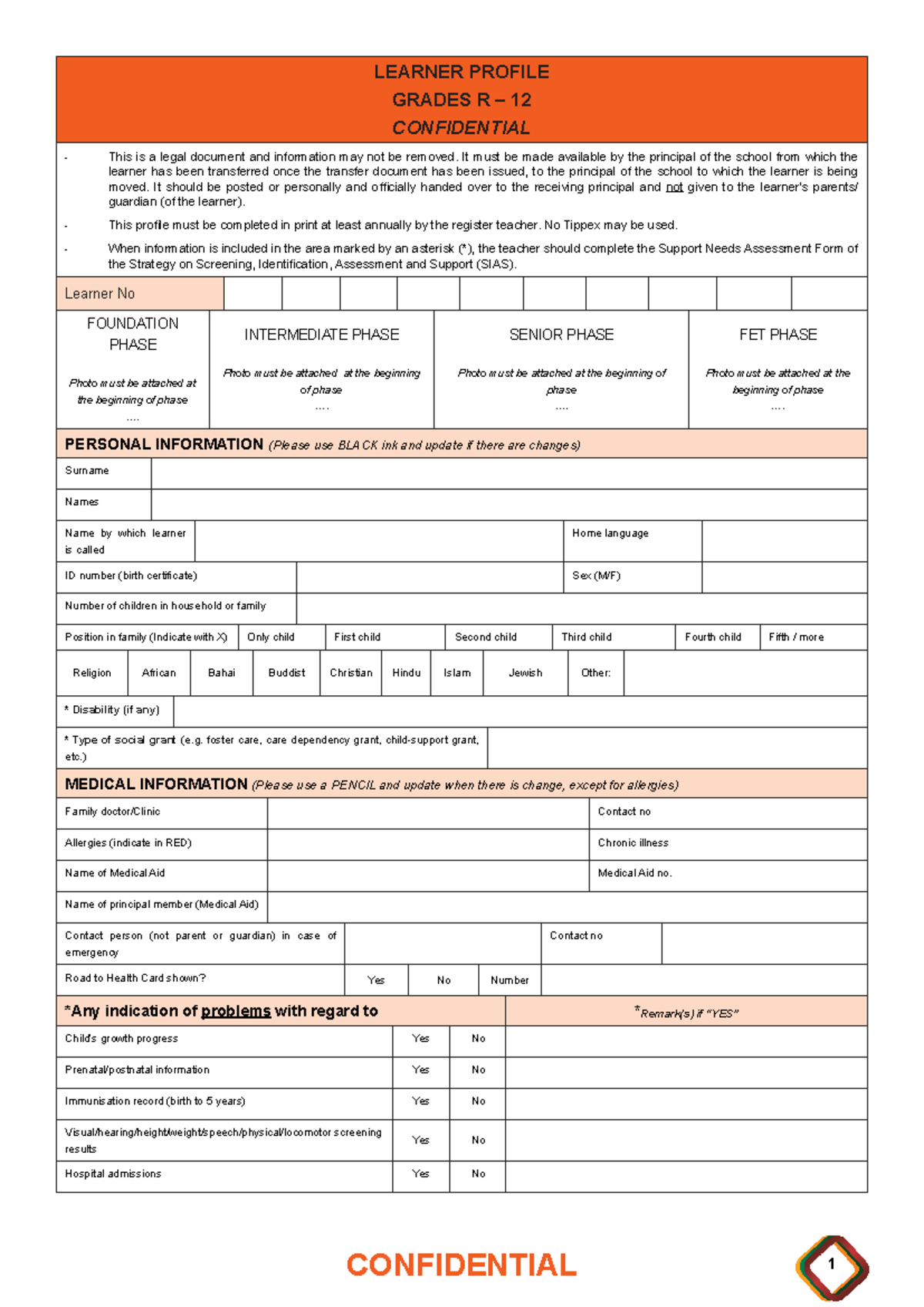 Learner Profile Grades R-12: Confidential Transfer Document - Studocu