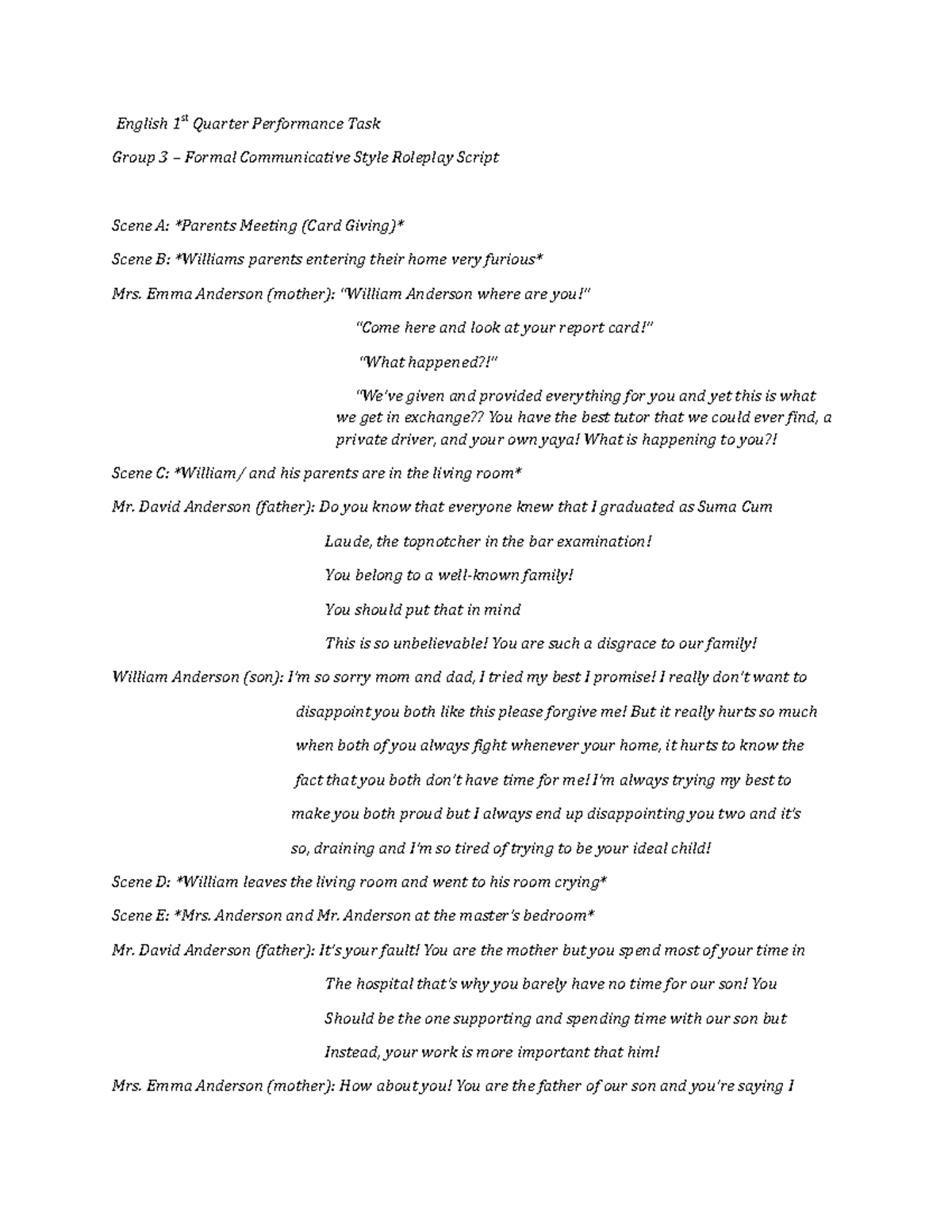 English 1 Q1 Roleplay Script: The Anderson Family's Journey - Studocu