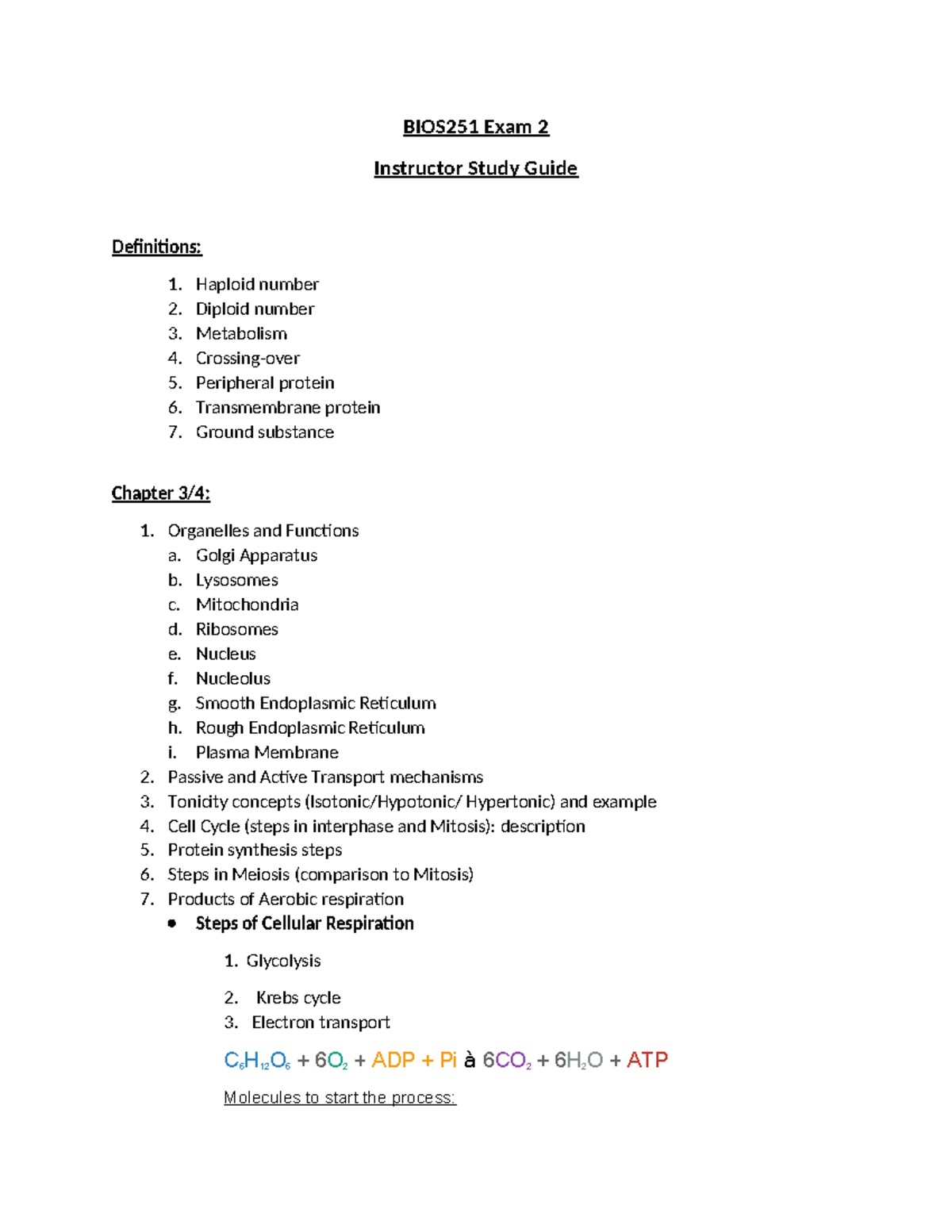 BIOS251 Exam 2 Instructor Study Guide: Key Concepts and Definitions ...