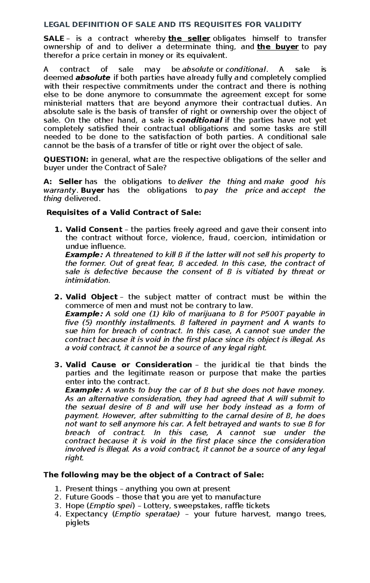 Legal Definition of Sale and Its Validity Requisites (LAW 101) - Studocu