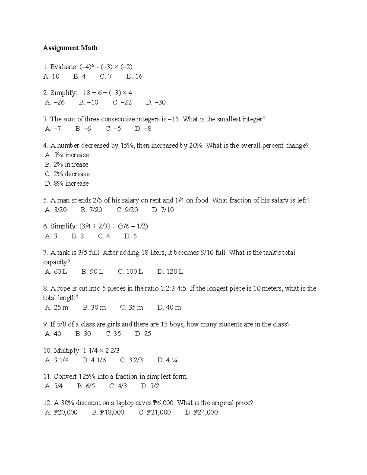 Math 1 Assignment: Problem Set and Solutions - Studocu