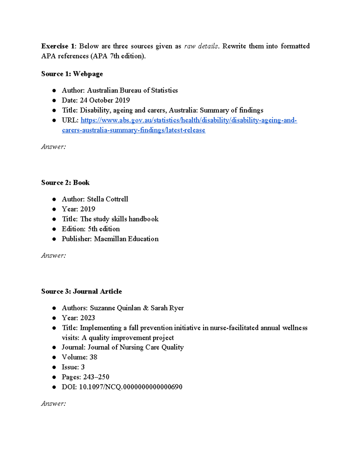APA References Formatting Exercise for Presentation 26 8 25 - Studocu