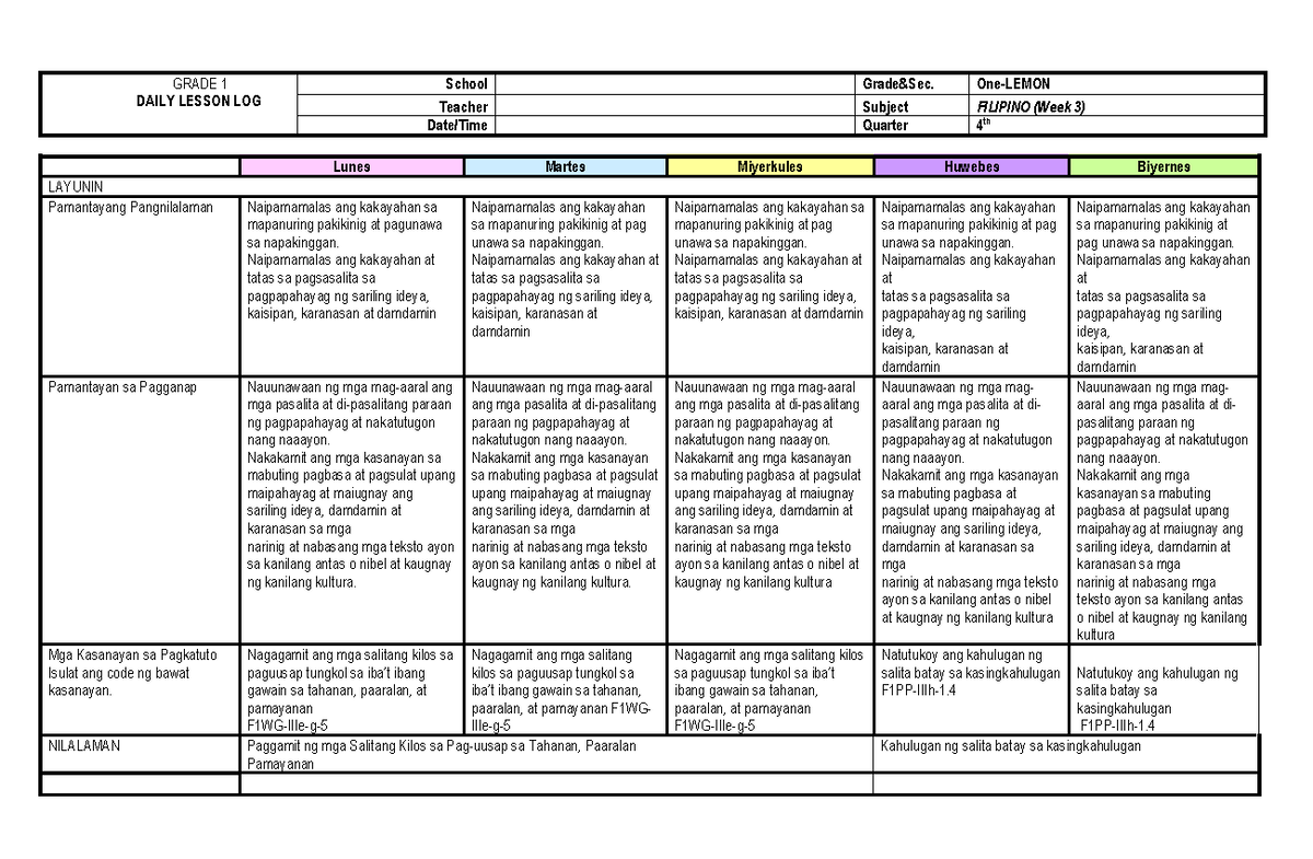 Q4 DLL Filipino 1 WEEK 3 - DLL - GRADE 1 DAILY LESSON LOG School Grade ...