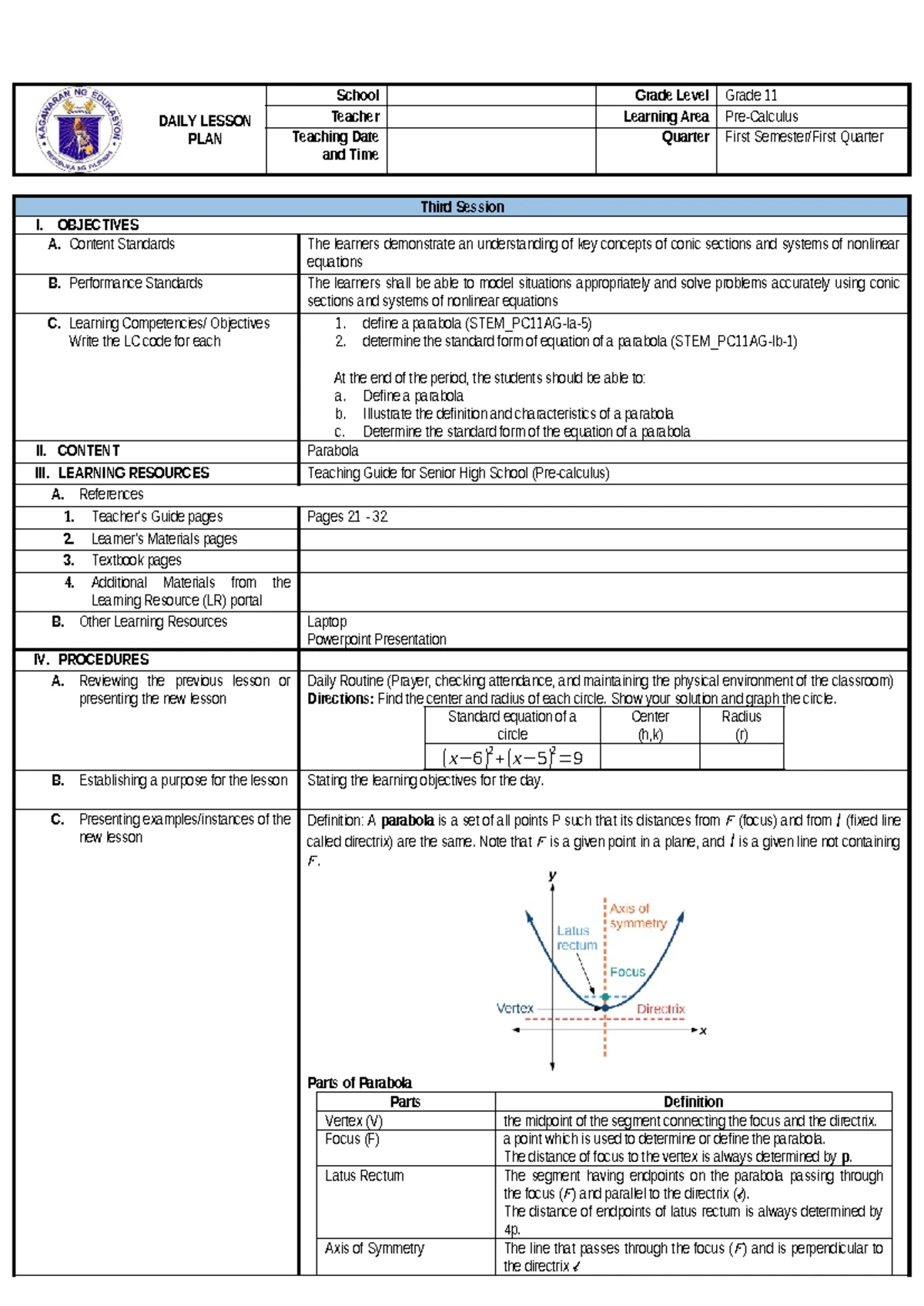 Grade 11 Math Lesson Plan: Conic Sections & Circle Equations - Studocu