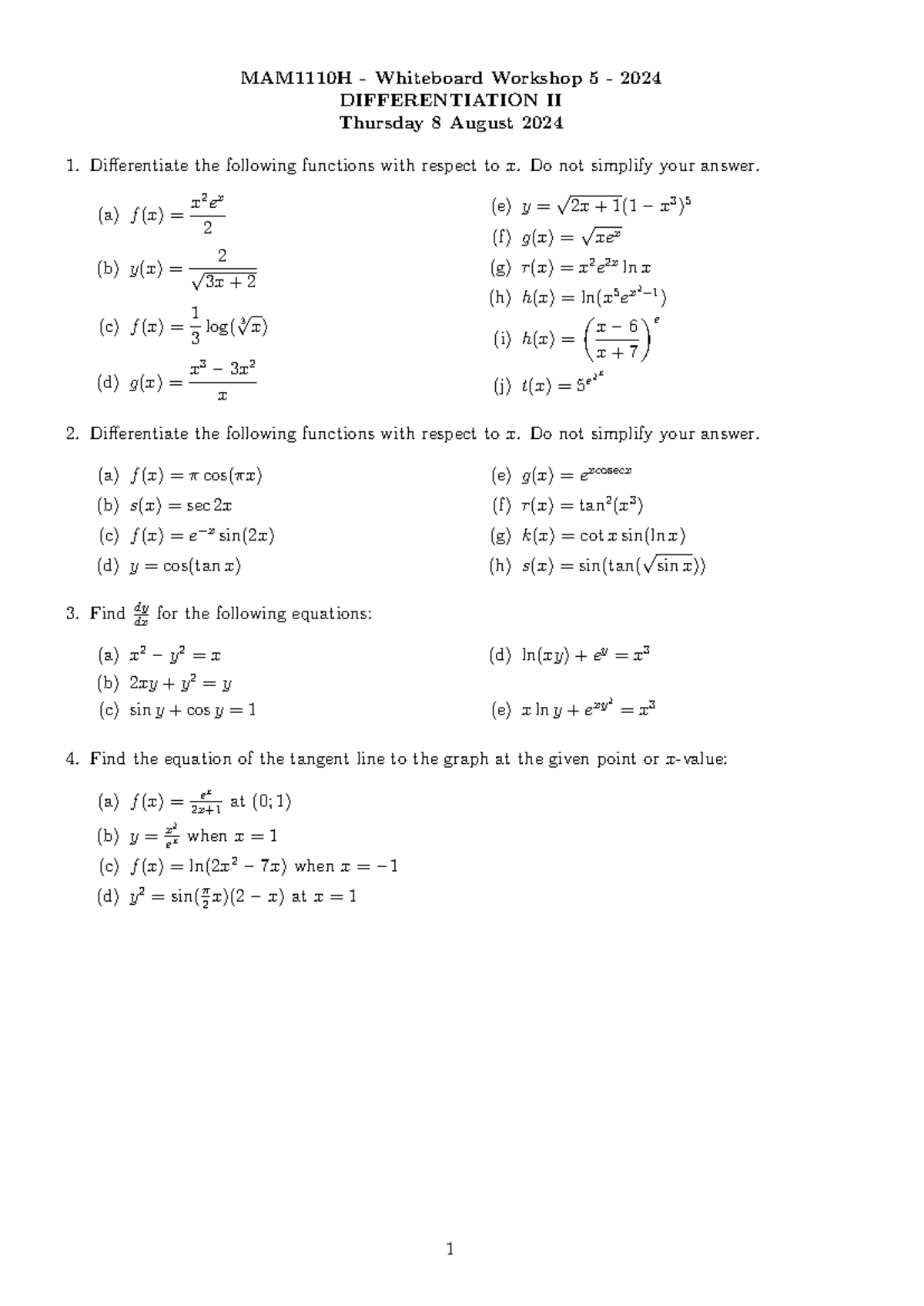 Whiteboard Workshop 5 2024: Differentiation II Questions - Studocu