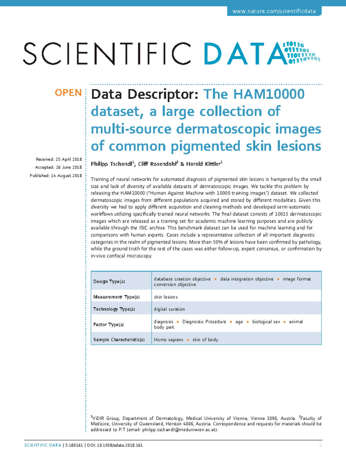 Training Dataset for Dermatoscopic Images of Skin Lesions (Sdata 2018 ...