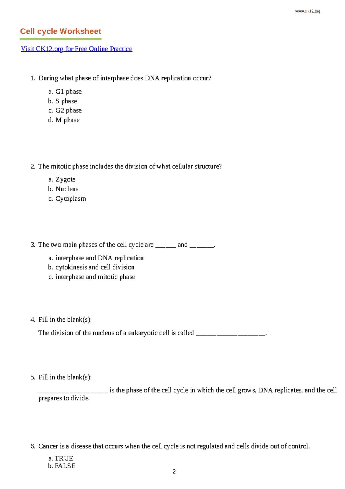 Cell Cycle Worksheet: Key Concepts and Questions - Studocu