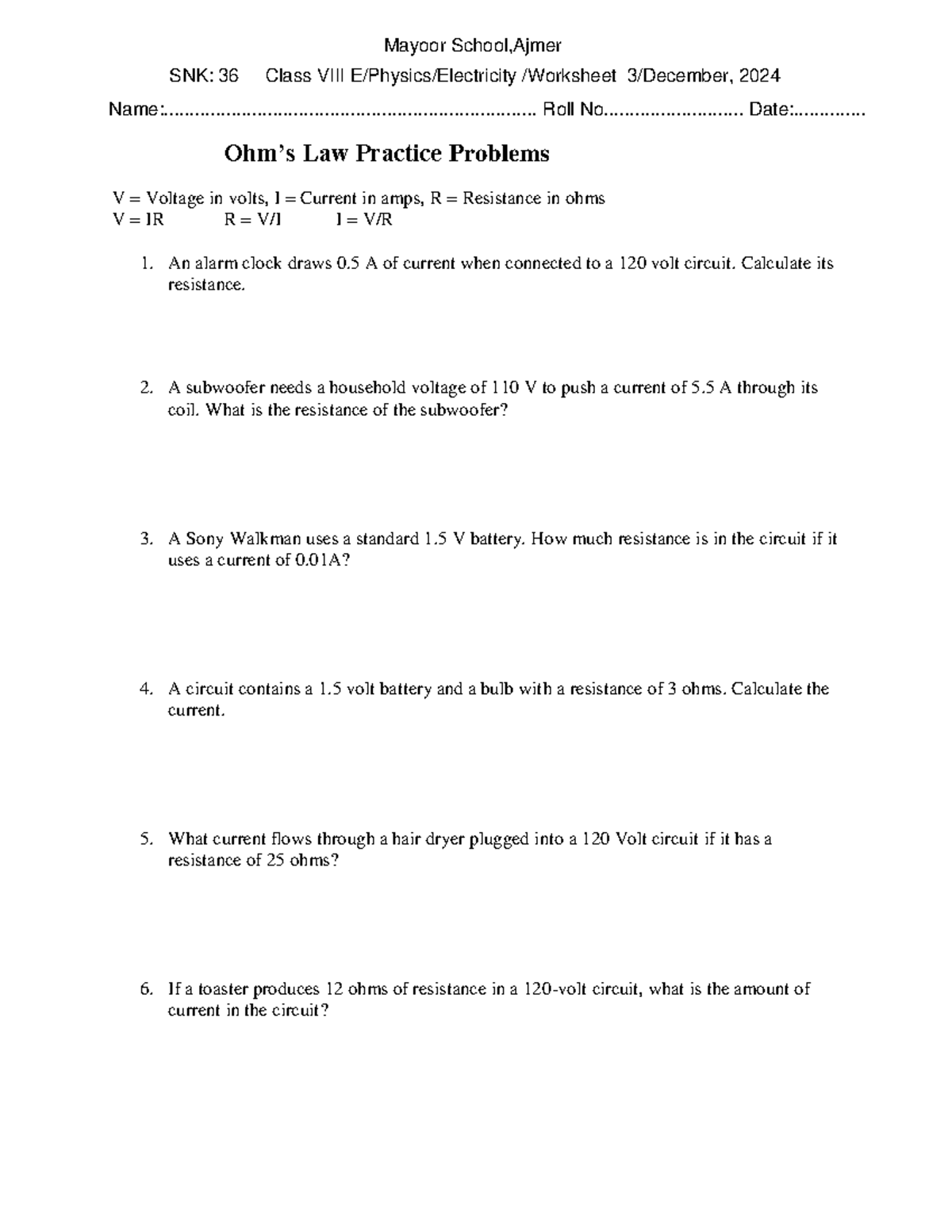 Ohm's Law Worksheet - Ohm’s Law Practice Problems V = Voltage in volts ...