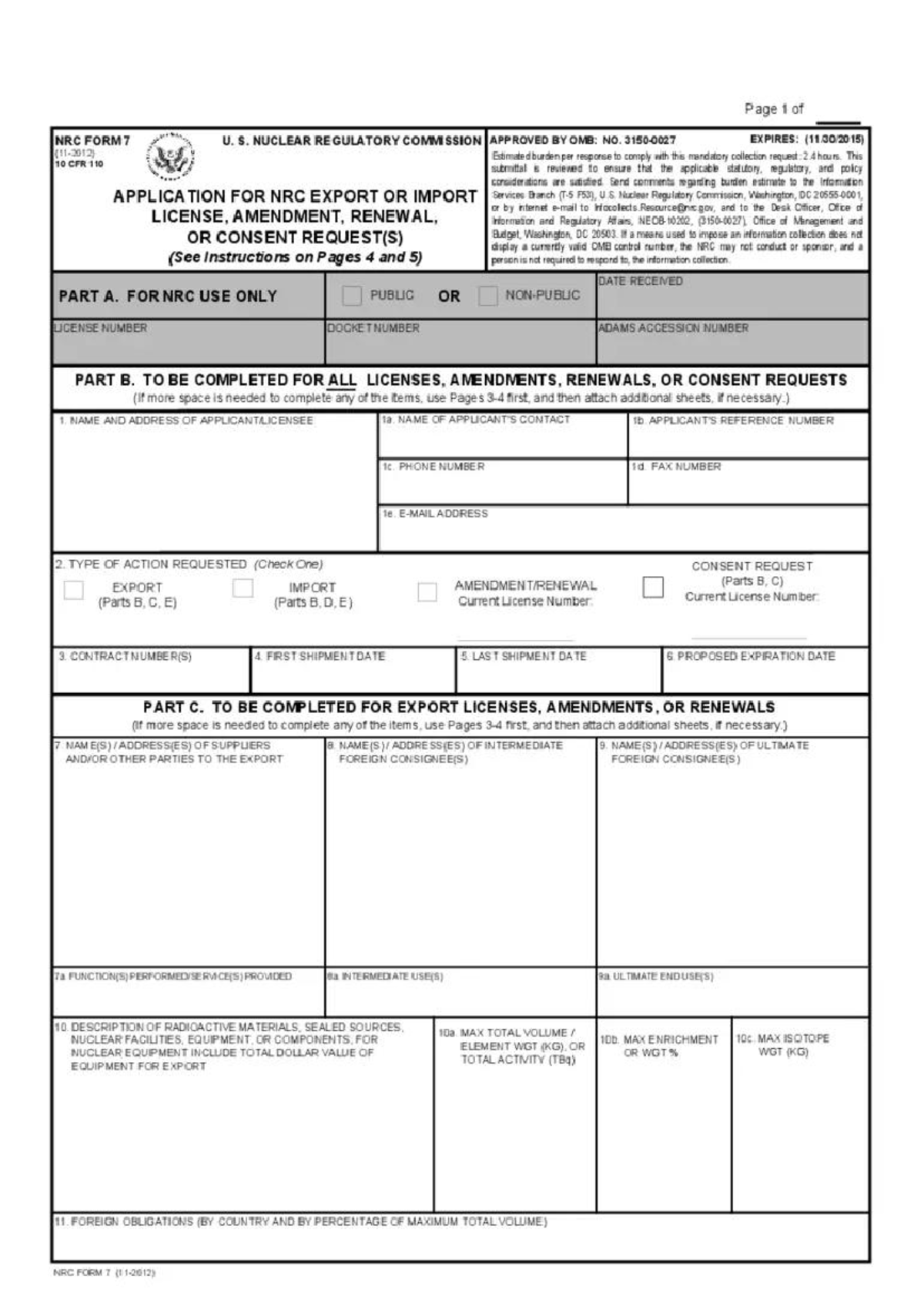 NRC FORM 7: Application for Import License - U.S. Nuclear Regulatory ...