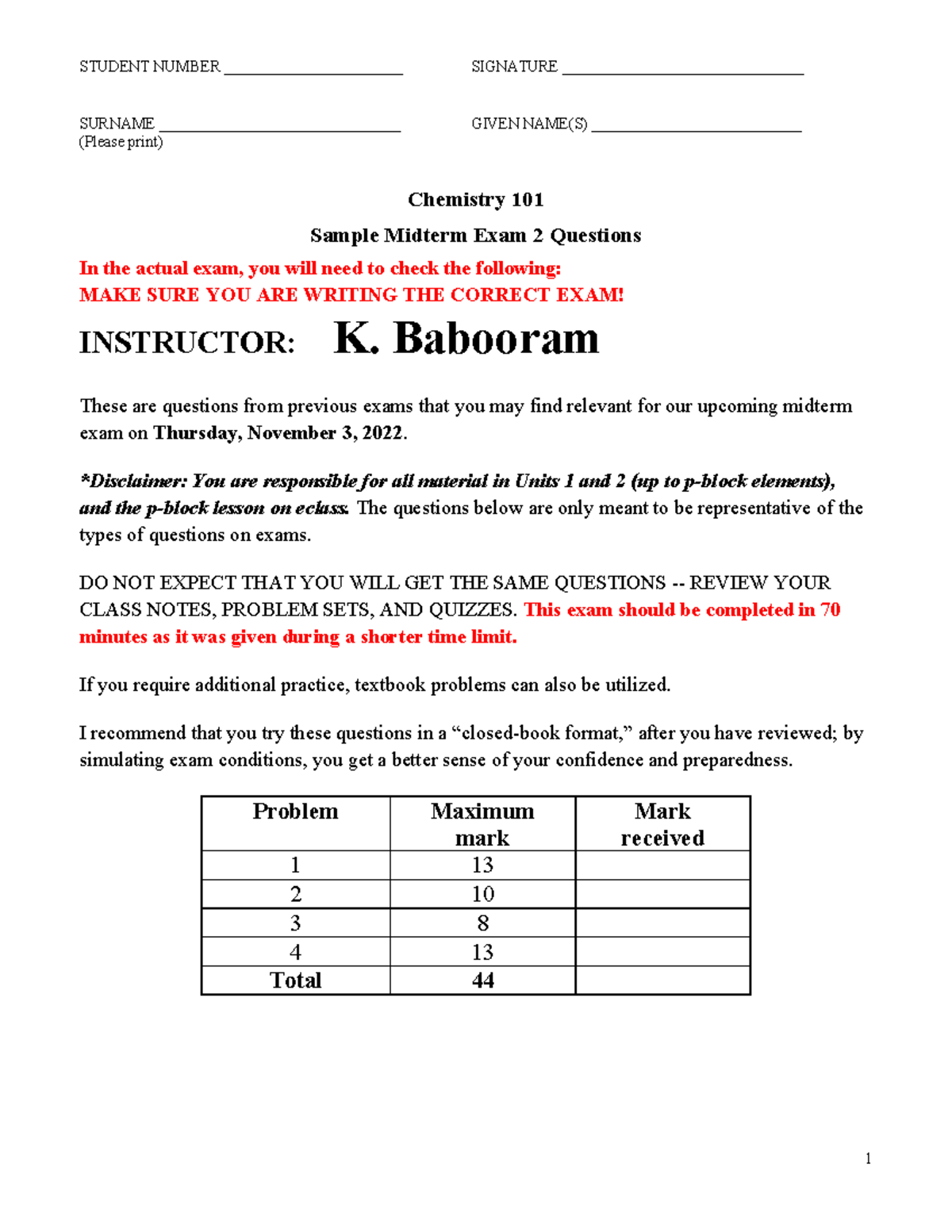 Chemistry 101 Sample Midterm Exam 2 Solutions Guide - Studocu