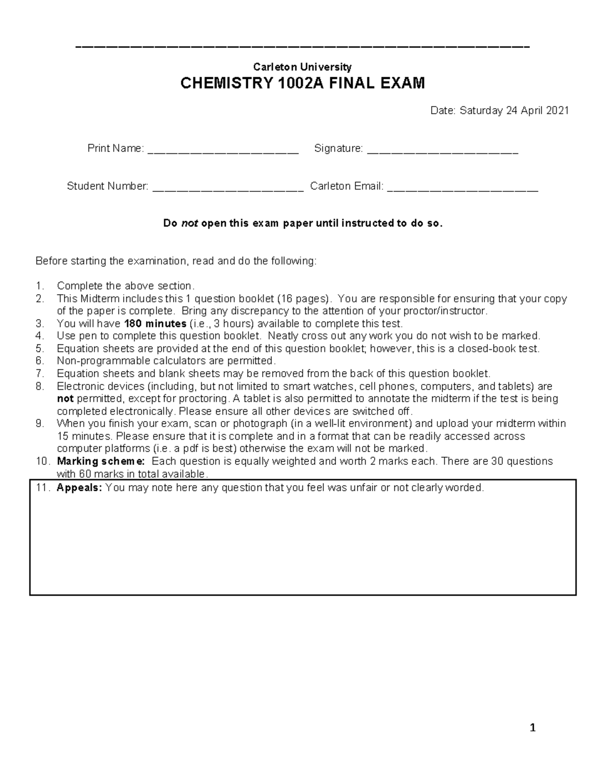 CHEMISTRY 1002A - Final Exam Solutions and Key Answers - Studocu