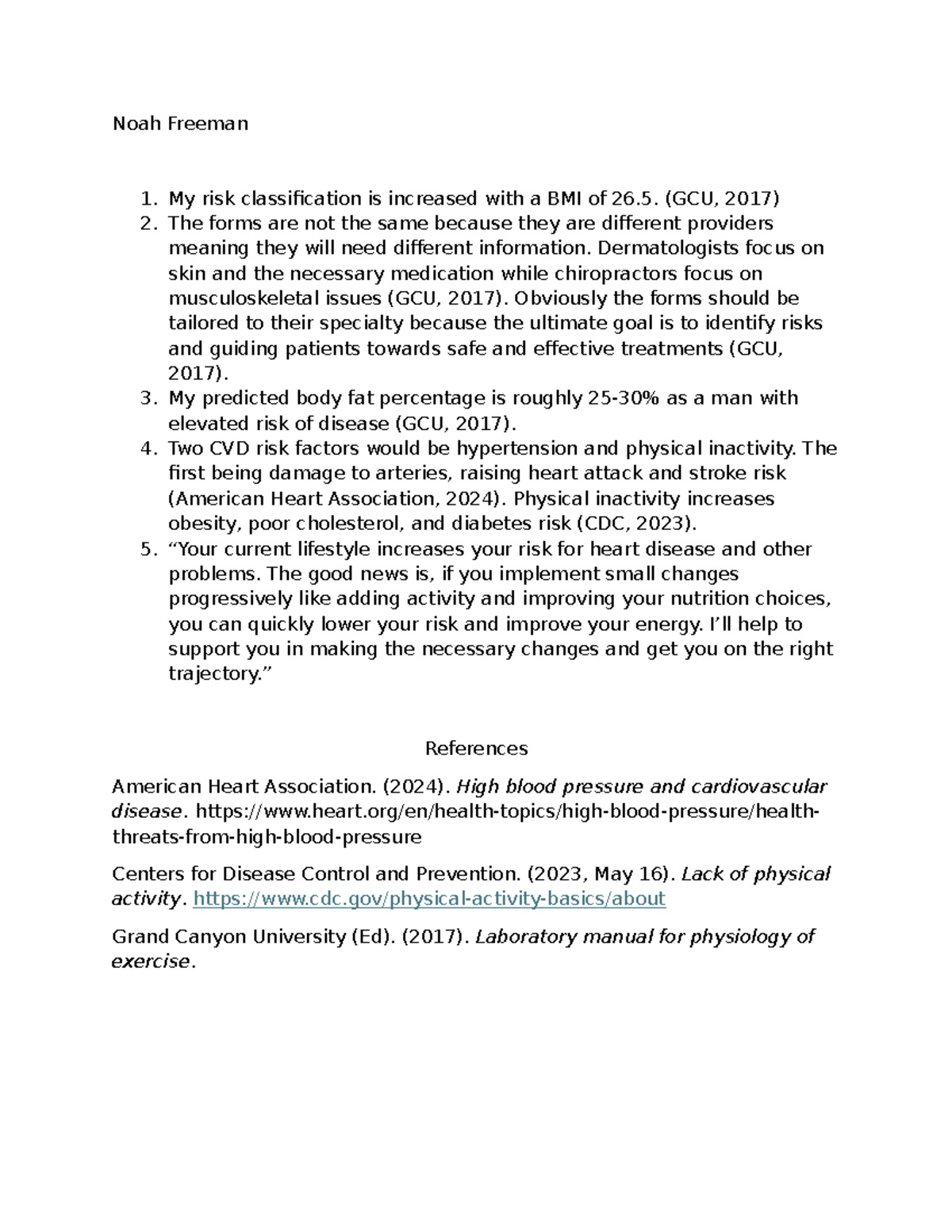 EXS-340L Post Lab 1: Risk Classification and Lifestyle Impact on CVD ...