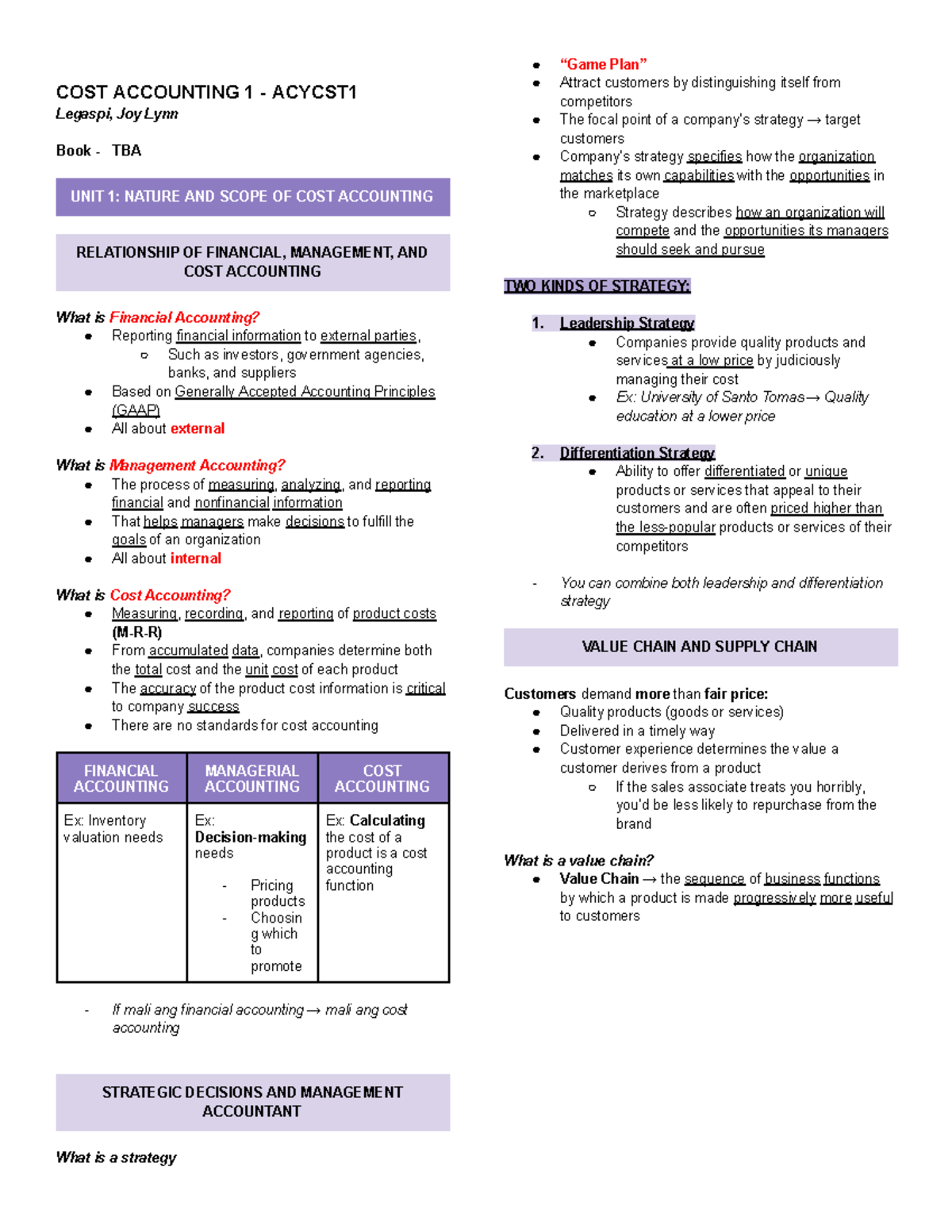 ACCOUNTING 1: COST ACCOUNTING NOTES & PRODUCT COSTING OVERVIEW - Studocu