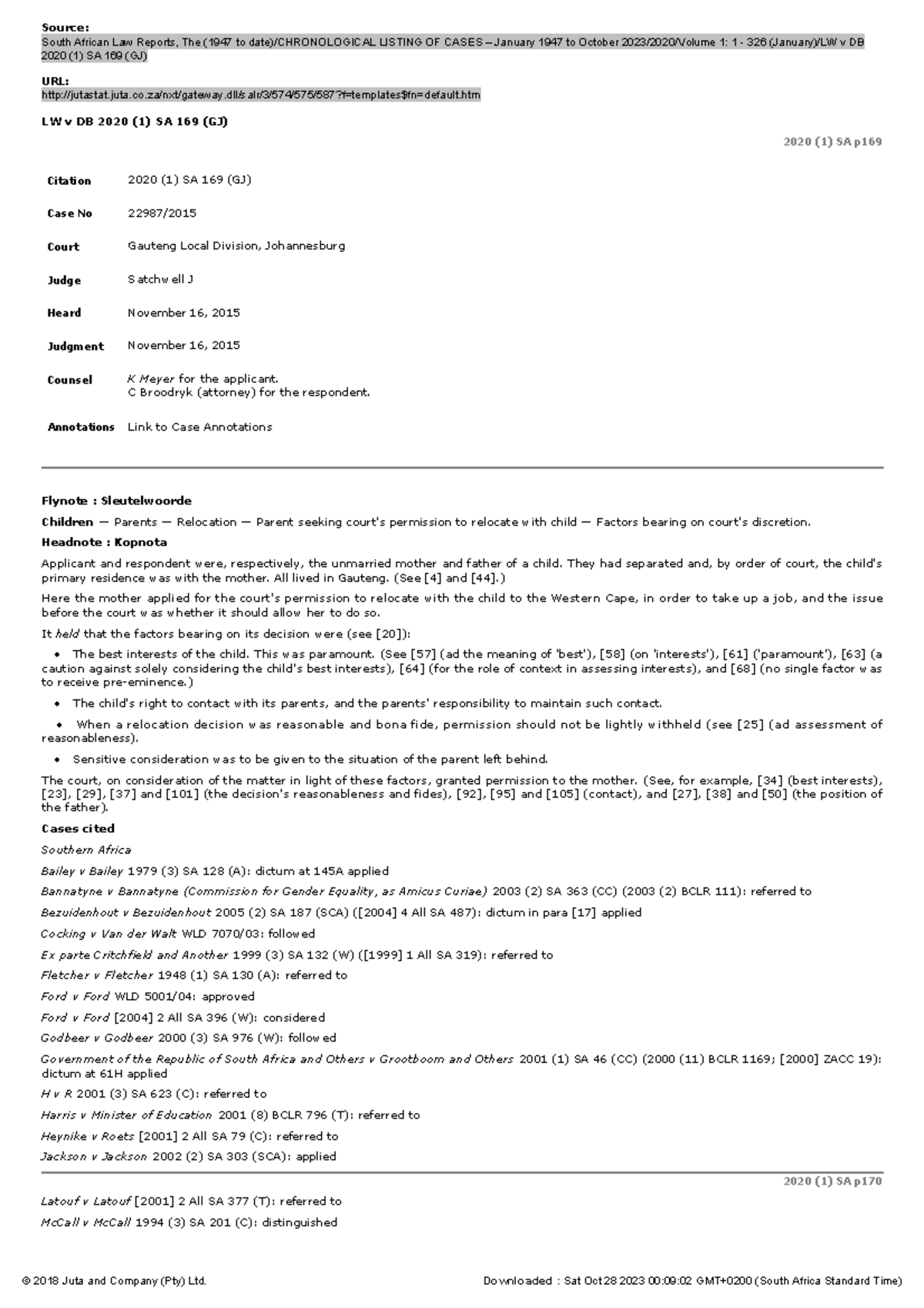 Case Study: LW v DB 2020 (1) SA 169 (GJ) on Child Relocation Rights - Document Preview