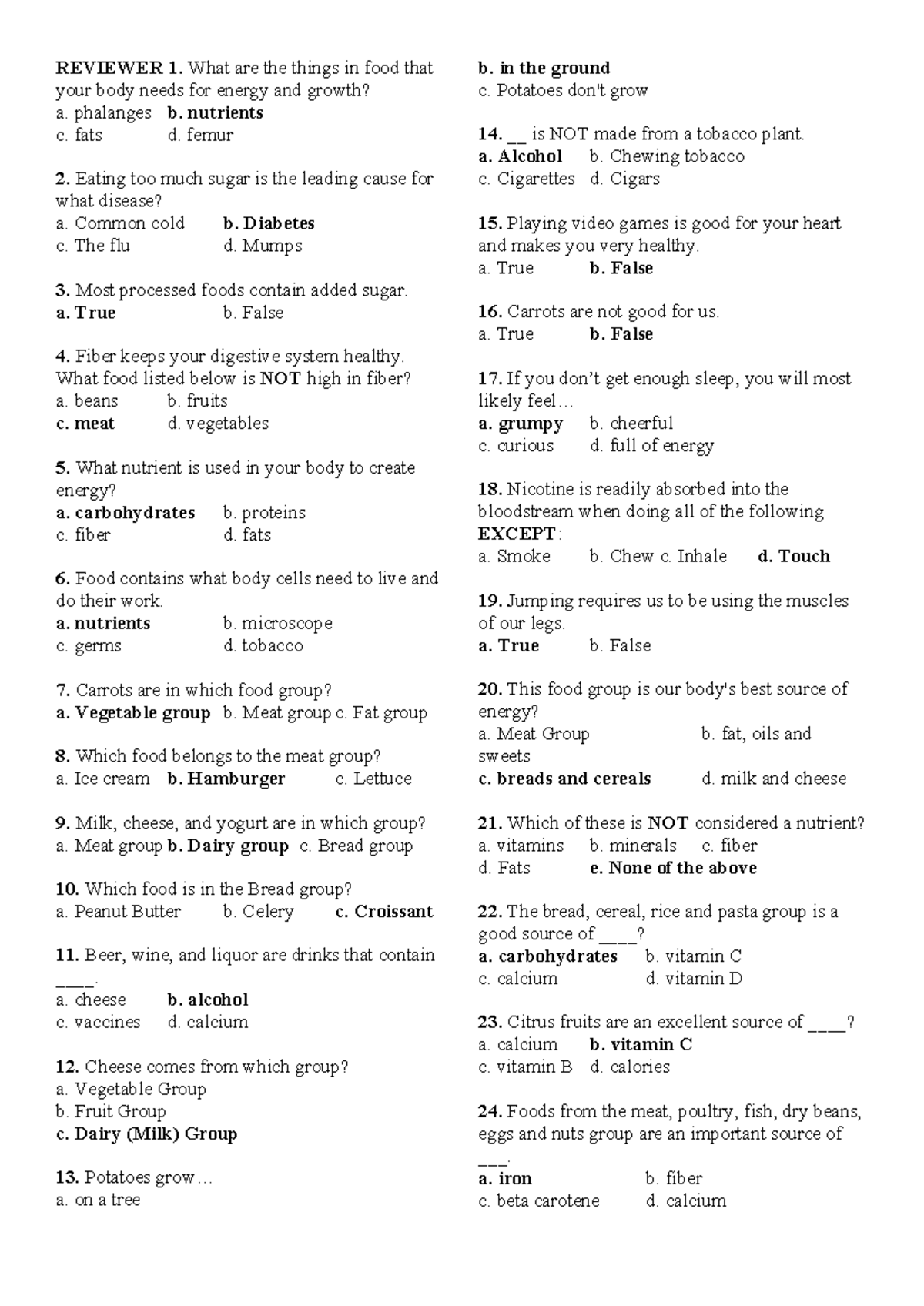 Nutrition Basics: Key Concepts and Quiz Questions (REVIEWER 1) - Studocu