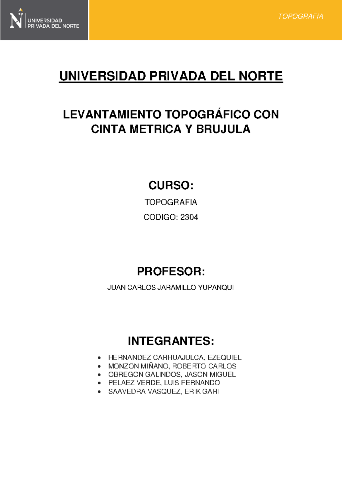 Informe de Levantamiento Topográfico: Rumbo y Azimut - TOPOGRAFIA 2304 - Document Preview