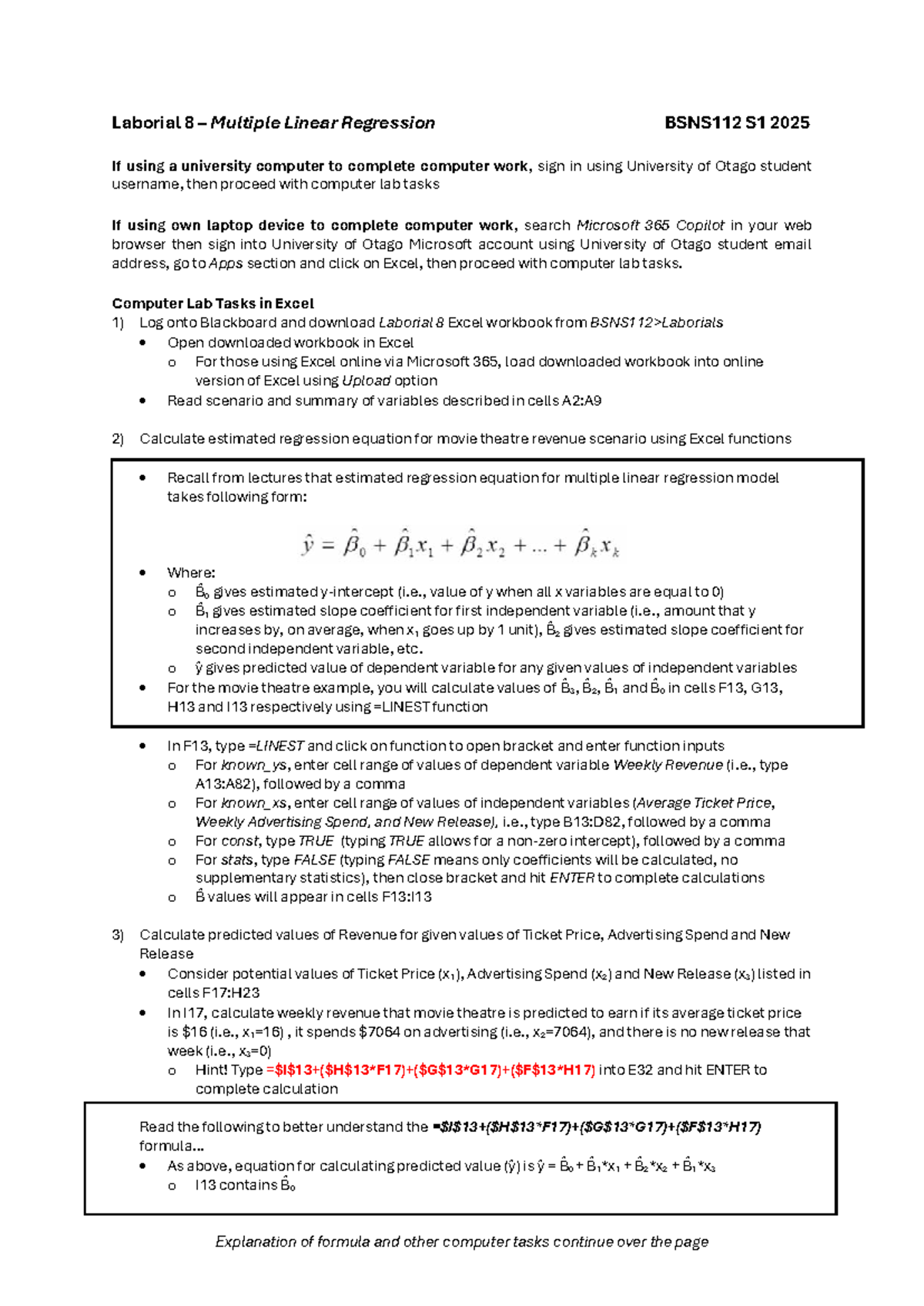 Laborial 8 - Multiple Linear Regression Lab Tasks BSNS112 S1 2025 - Studocu