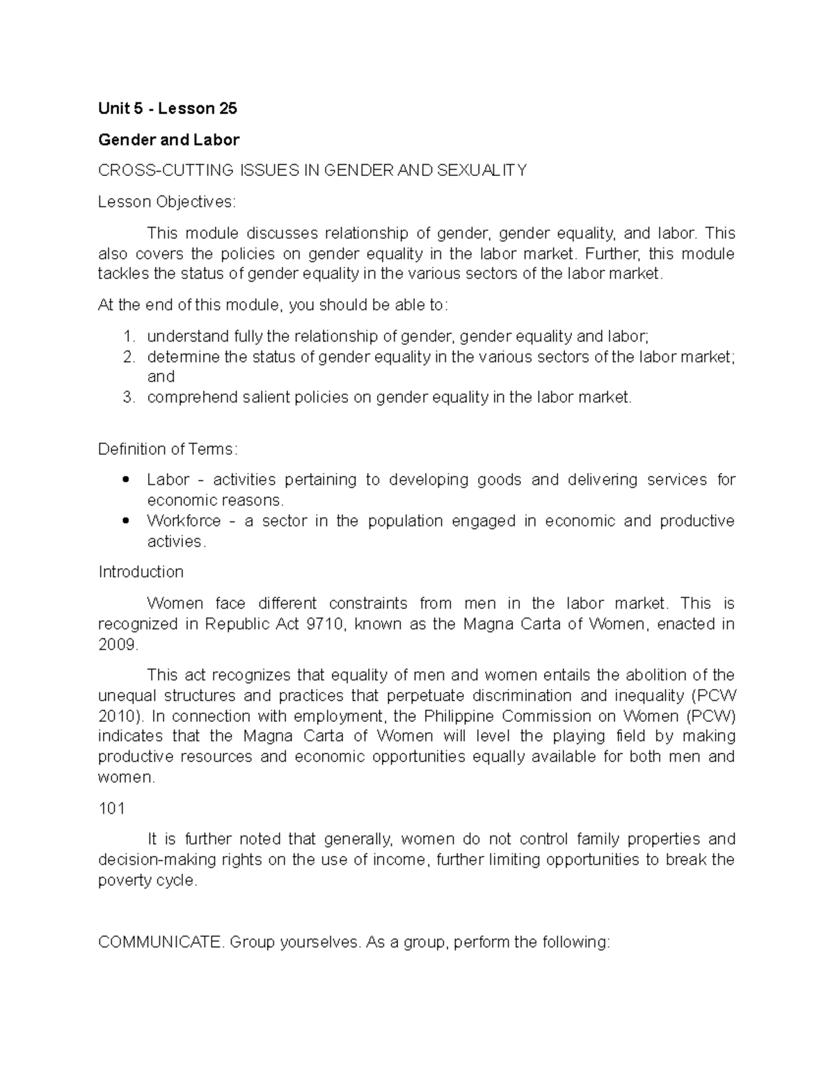 Gender Equality in Labor: Policies & Issues - Unit 5 Lesson 25 - Studocu