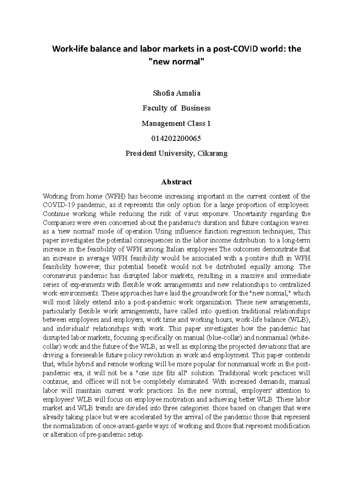 Work-life Balance and Labor Markets in a Post-COVID Era (014202200065 ...