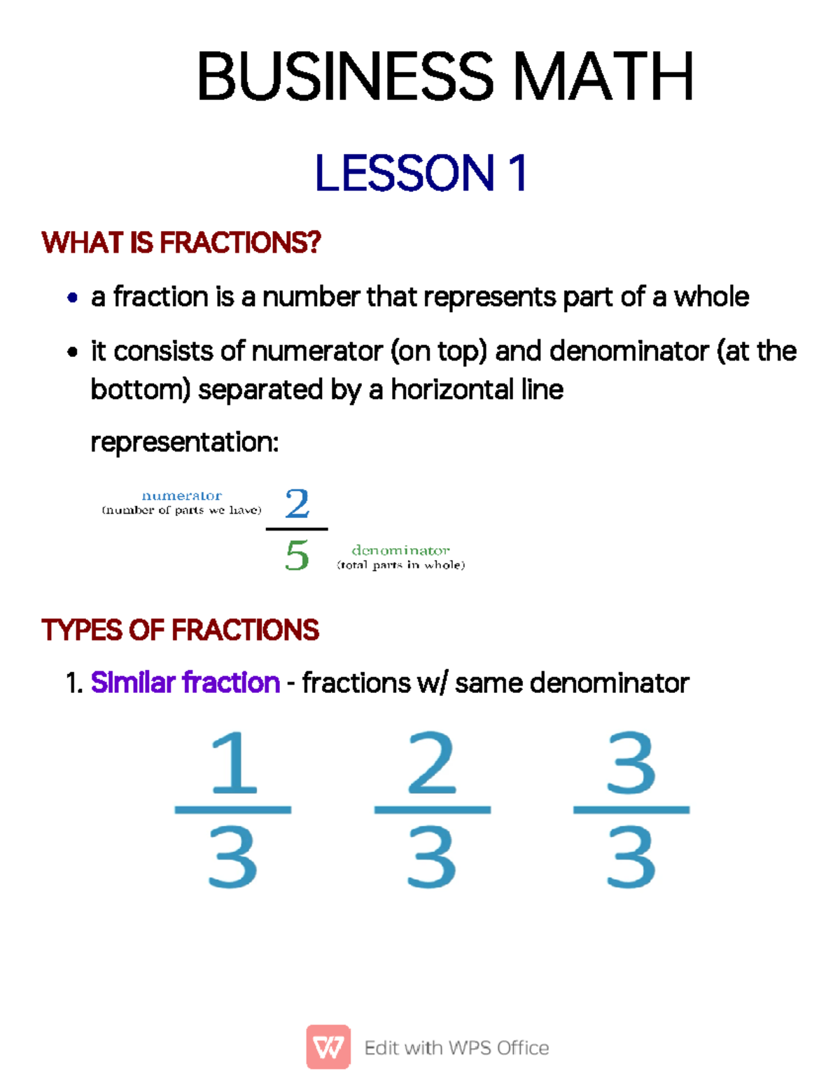 Business Mathematics - BUSINESS MATH LESSON 1 WHAT IS FRACTIONS? a ...