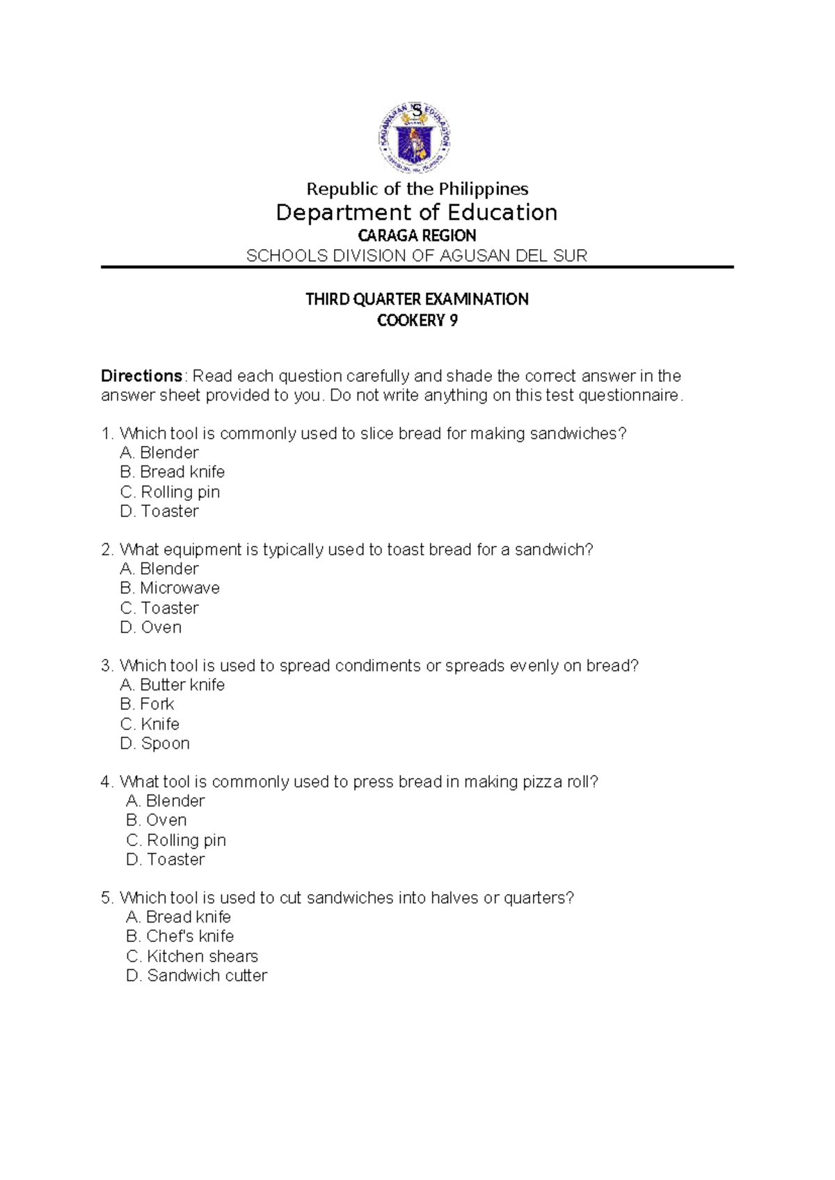Cookery 9 Third Quarter Examination Review and Answer Key - Studocu