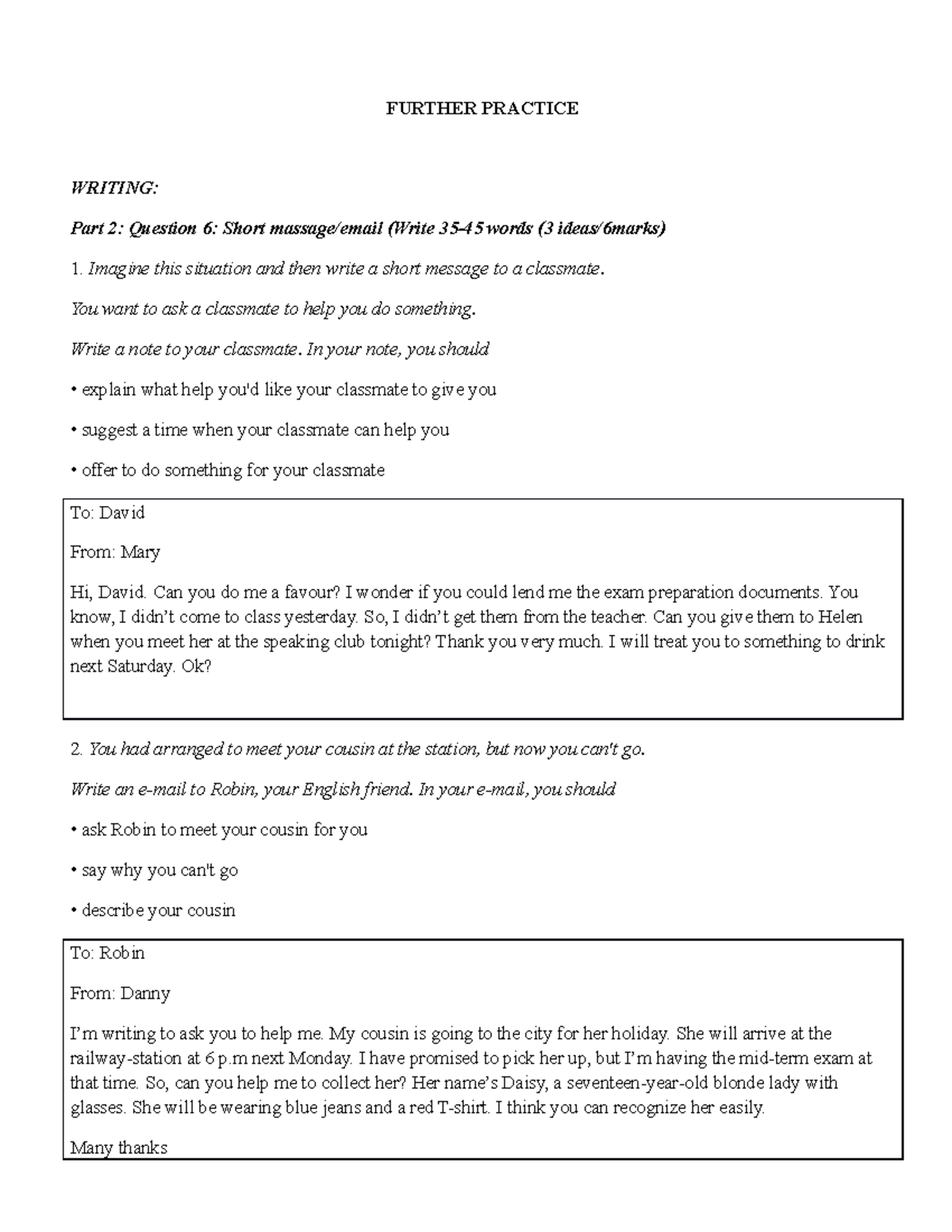 Further Practice - Example for writing and speaking - FURTHER PRACTICE ...