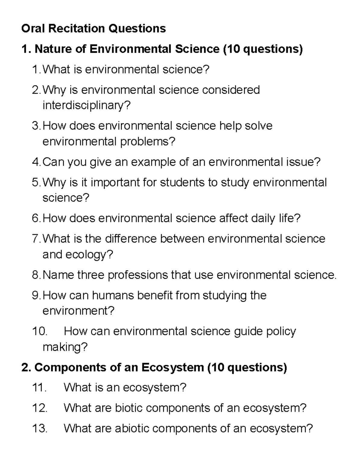 Oral Recitation Questions: Midterm on Environmental Science Concepts ...
