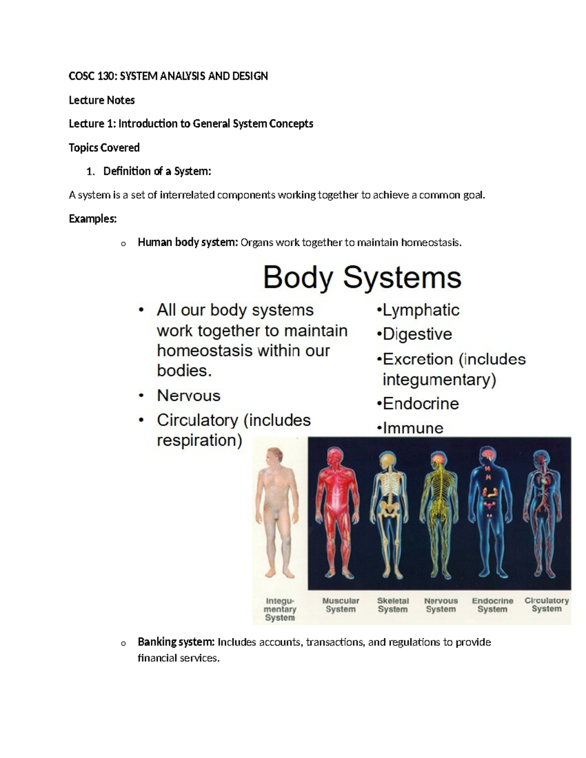 COSC 130 LEC I - its a set of lecture one notes on system analysis and ...