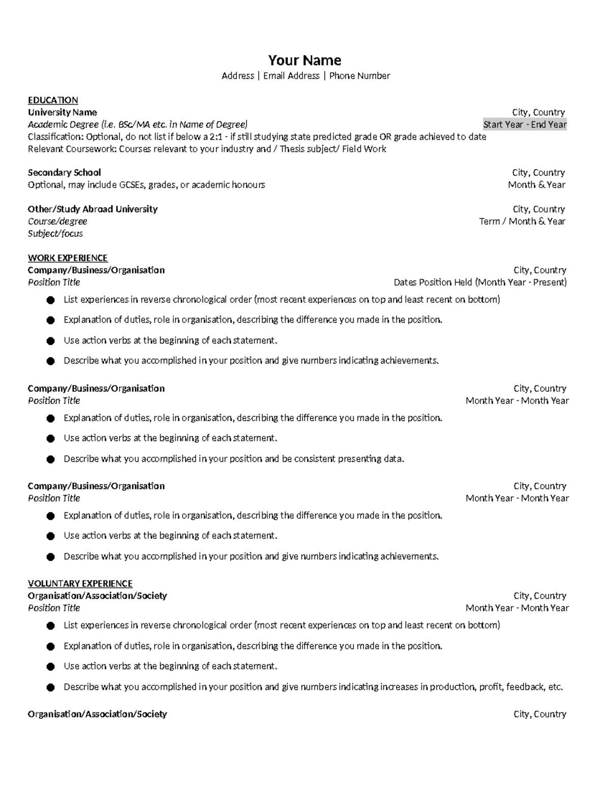 CV template - Your Name Address | Email Address | Phone Number ...