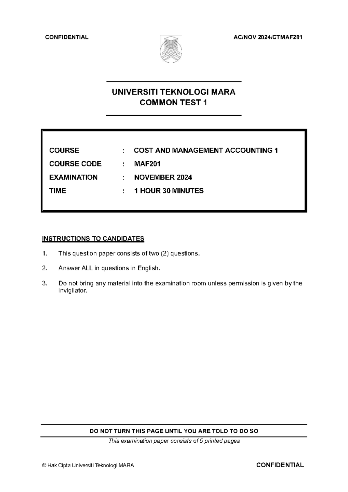 CT MAF201 Common Test 1 Nov 2024 - Cost & Management Accounting - Studocu