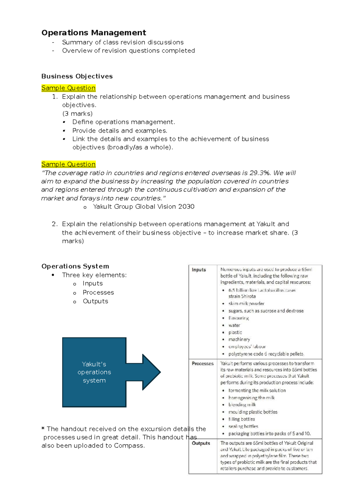 Operations Management & Yakult: Class Revision Summary - Studocu