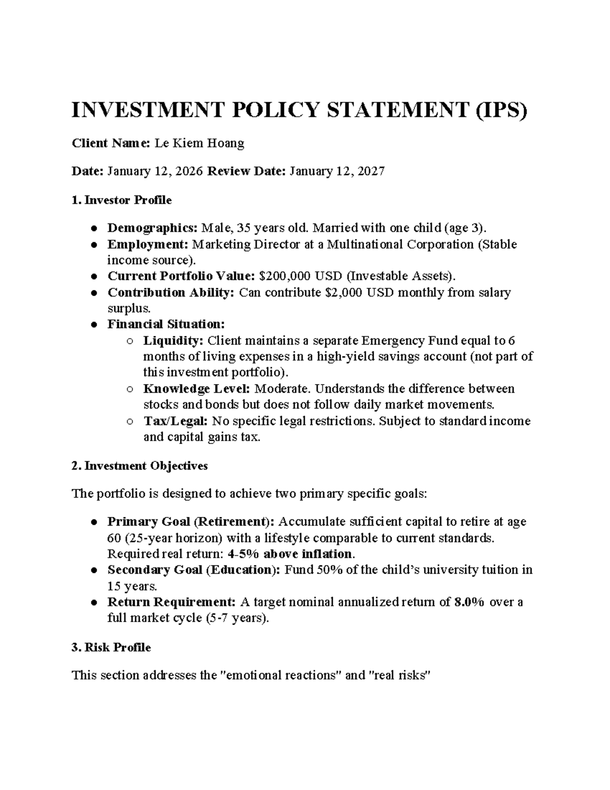 Investment Policy Statement (IPS) for Le Kiem Hoang - 2026 - Studocu
