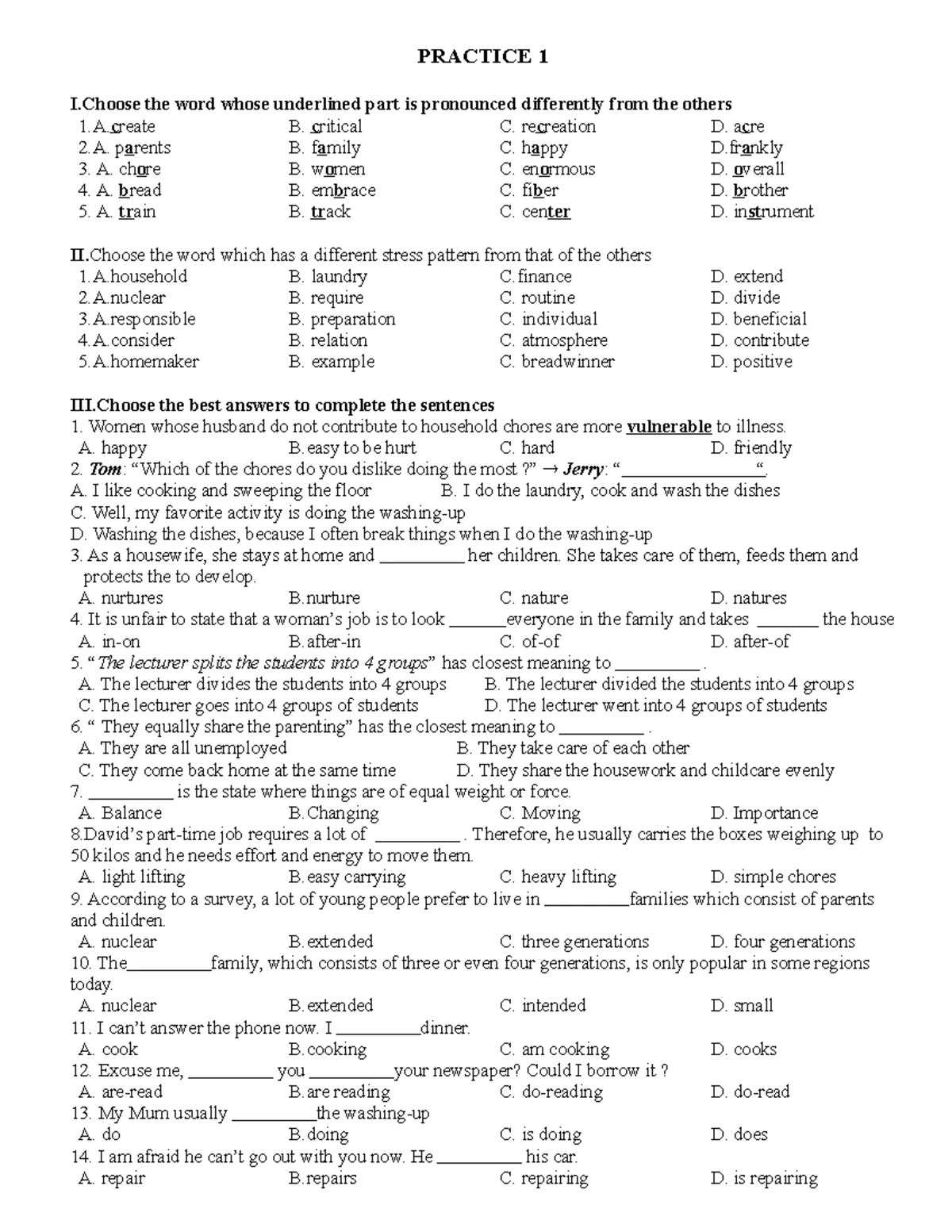 UNIT 5-2 - Practice exercises - PRACTICE TEST UNIT 5 I. Choose the best ...
