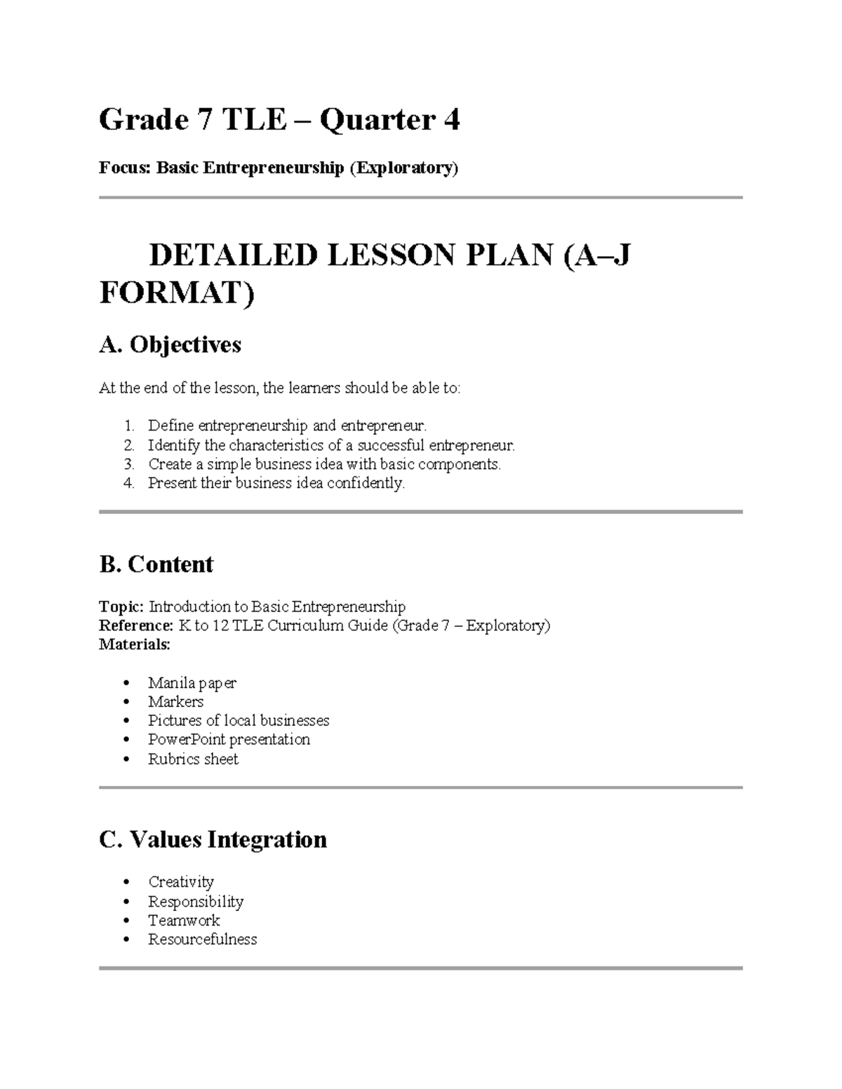 Grade 7 TLE Quarter 4: Detailed Lesson Plan on Basic Entrepreneurship ...