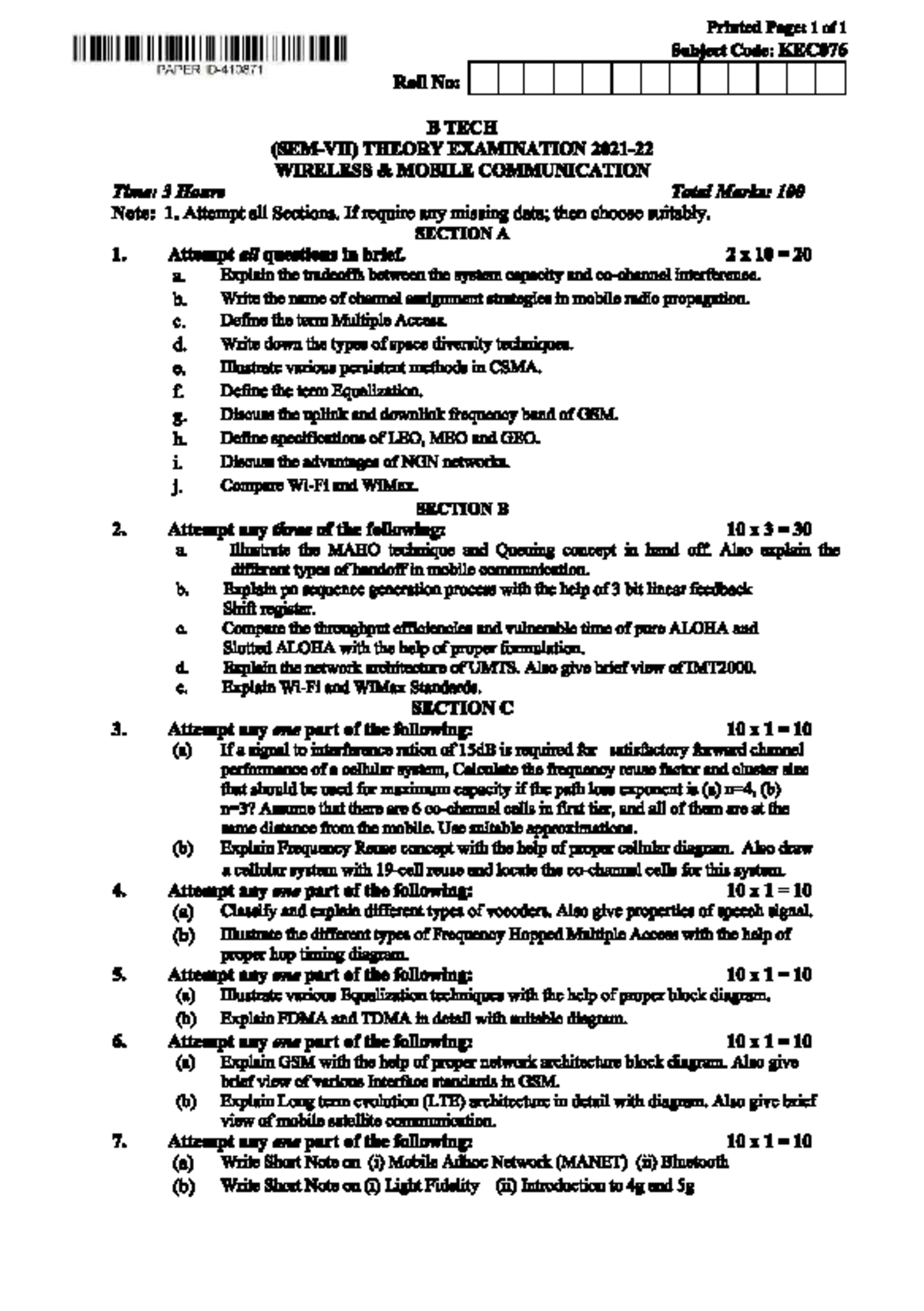 KEC076 B.Tech Theory Exam: Wireless Mobile Communication 2021-22 - Studocu