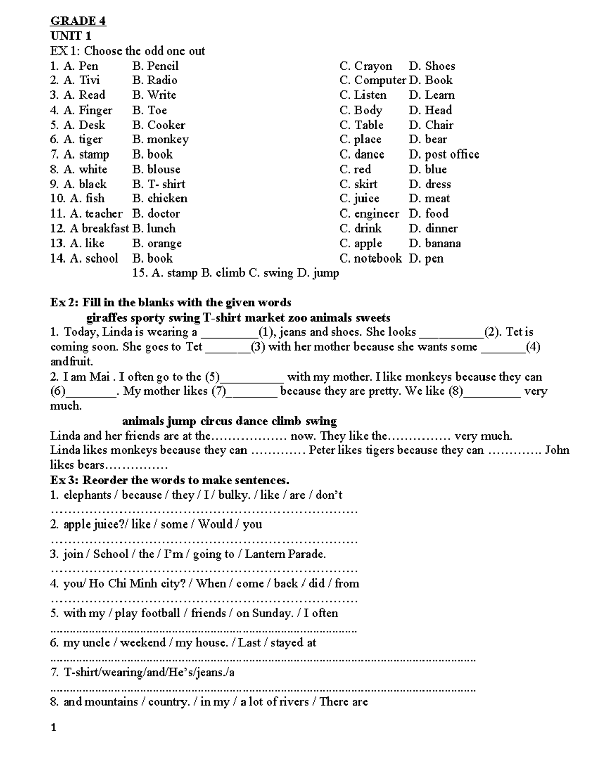 BT U1, 2 G4 - Odd One Out & Sentence Reordering Exercises - Studocu