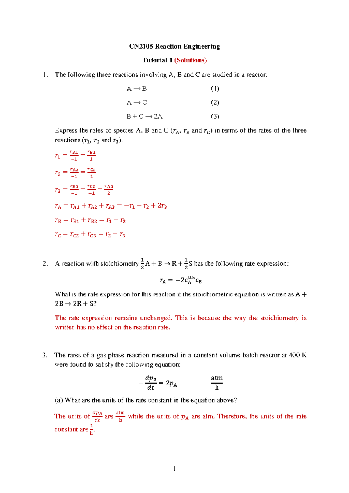 CN2105 Reaction Engineering Tutorial 1 Solutions and Rate Expressions ...