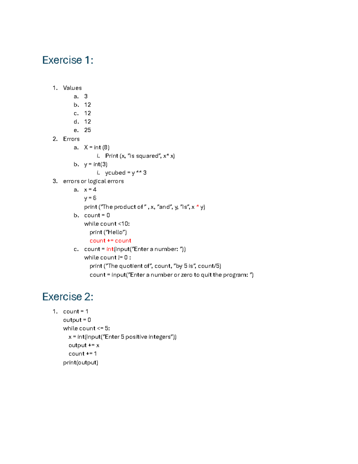 Lab 7: Exercise 1 & 2 - Values and Errors Analysis - Studocu