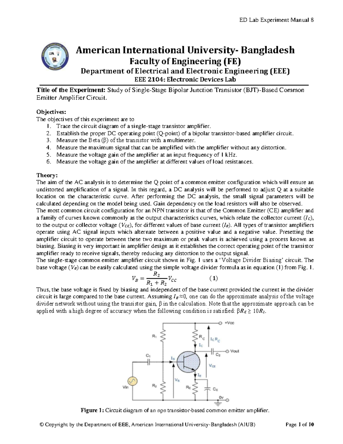 ED 2104: Common Emitter Amplifier Experiment Manual - Studocu
