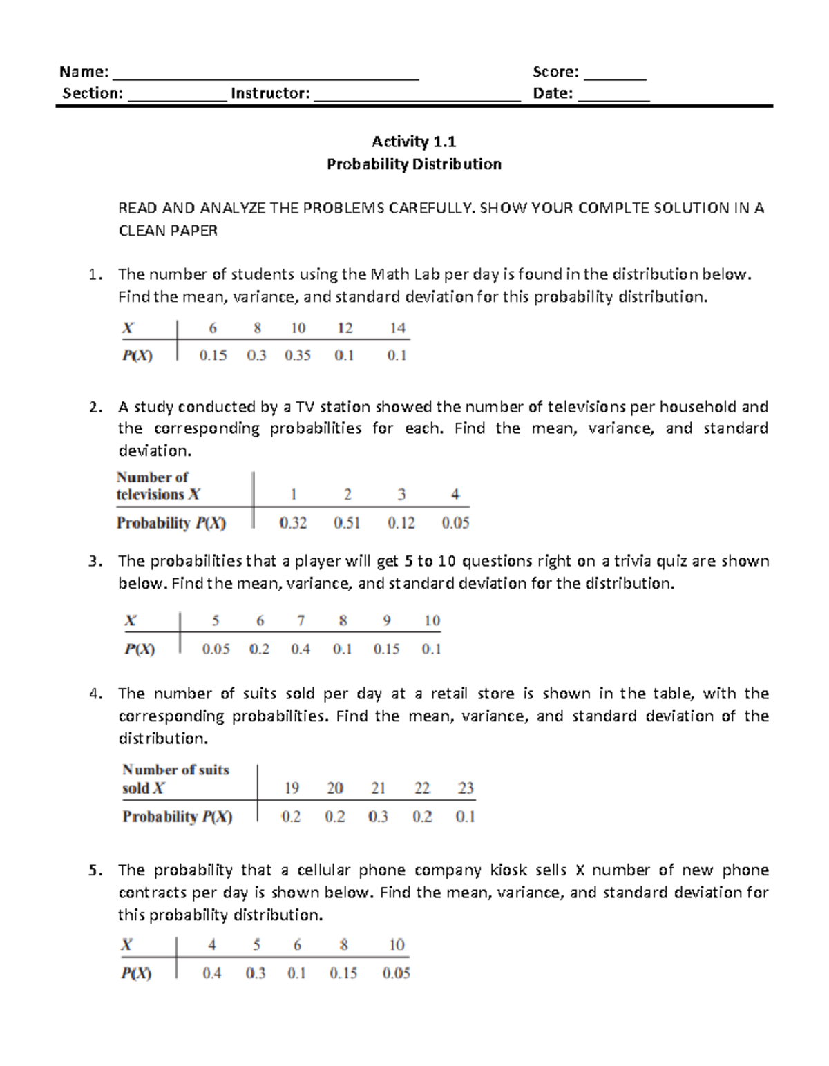 Probability Distribution (MATH101 Activity 1) - Studocu
