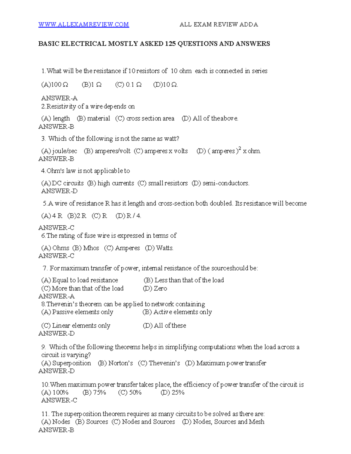 ALL EXAM REVIEW ADDA: BASIC ELECTRICAL 125 Q&A FOR STUDY - Studocu