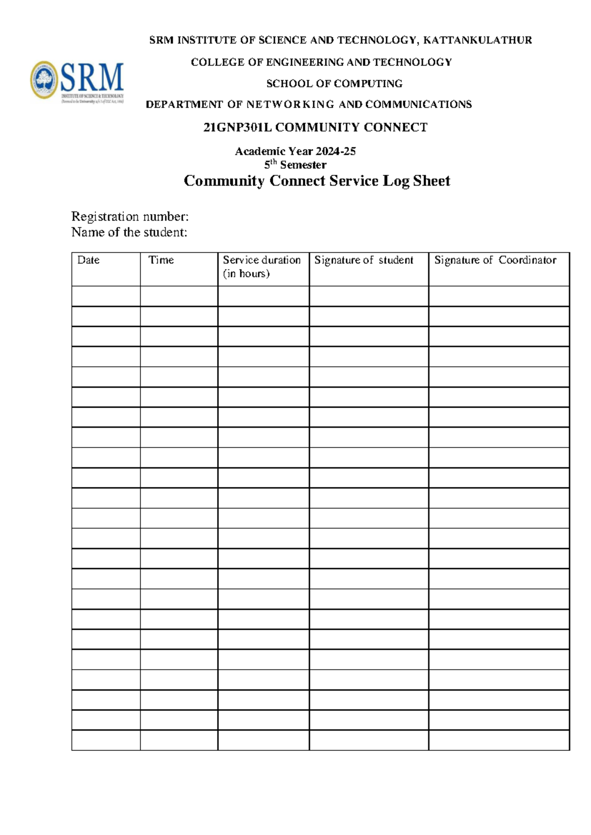 21GNP301L Log Sheet - Practical - SRM University - SRM INSTITUTE OF ...