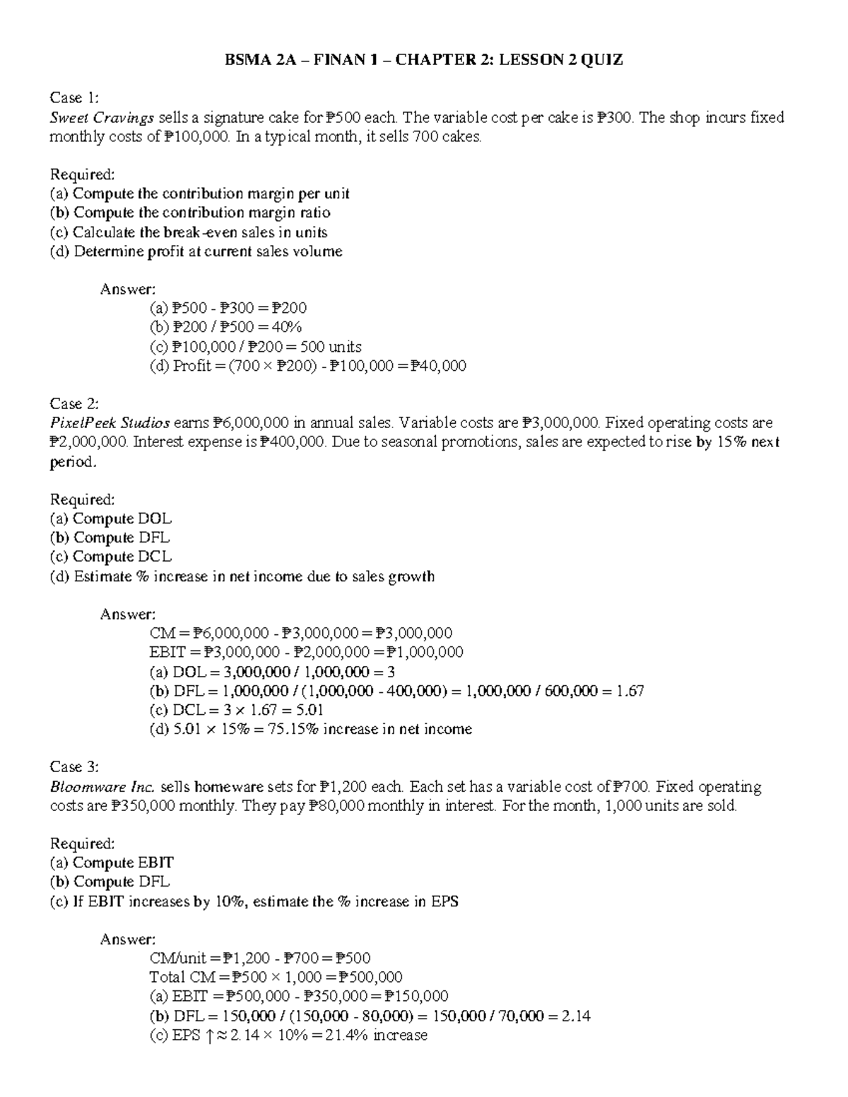 BSMA 2A FINAN 1 CHAPTER 2: LESSON 2 QUIZ on Operating & Financial ...
