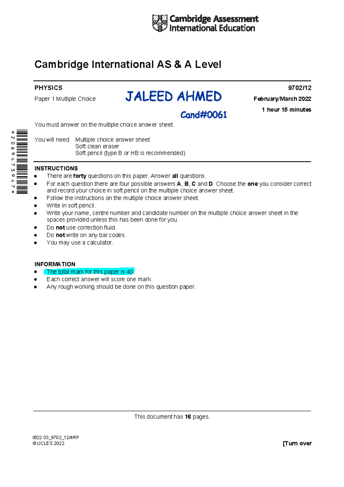 Physics P1 2022 multiple choice exam paper with answer sheet - Studocu