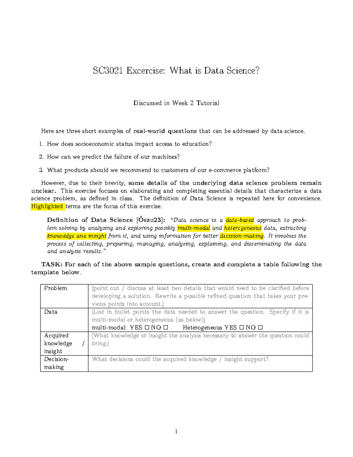 SC3021 Week 2 Tutorial Exercise: Understanding Data Science Problems ...