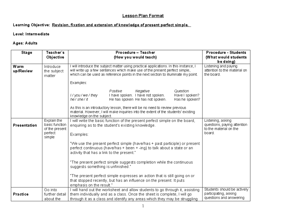 Intermediate Lesson Plan: Present Perfect Simple (Revision & Practice ...