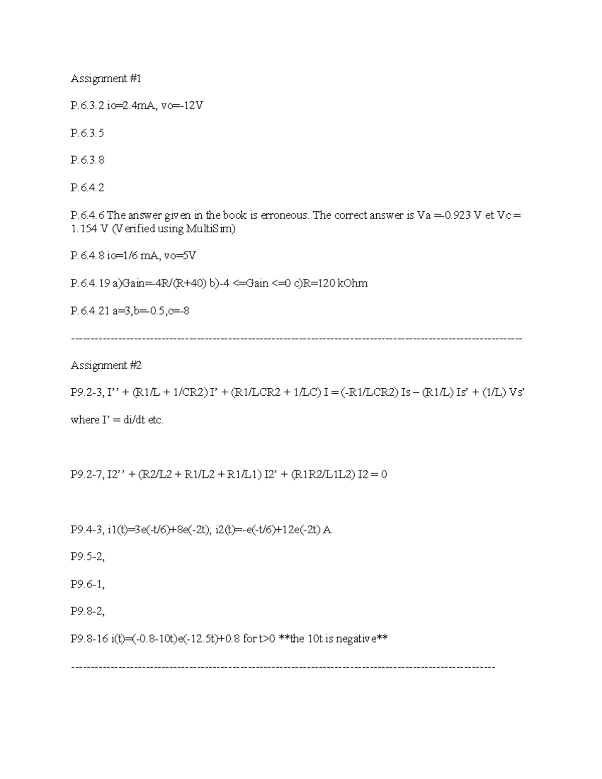 ELG2137 Assignment Problems - Assignment # P.6.3 io=2, vo=-12V P.6. P.6 ...