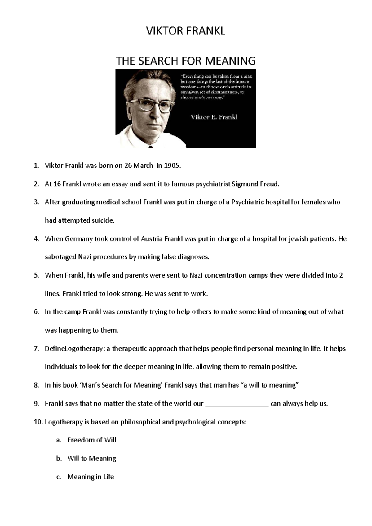 VIKTOR FRANKL: LOGOTHERAPY WORKSHEET & MEANING IN LIFE - Studocu