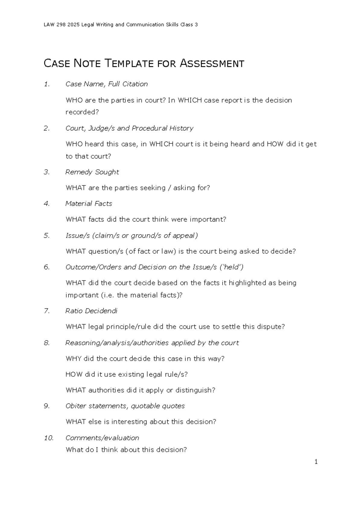 LAW 298 2025 Class 3 Case Note Template for Assessment 1 - Studocu